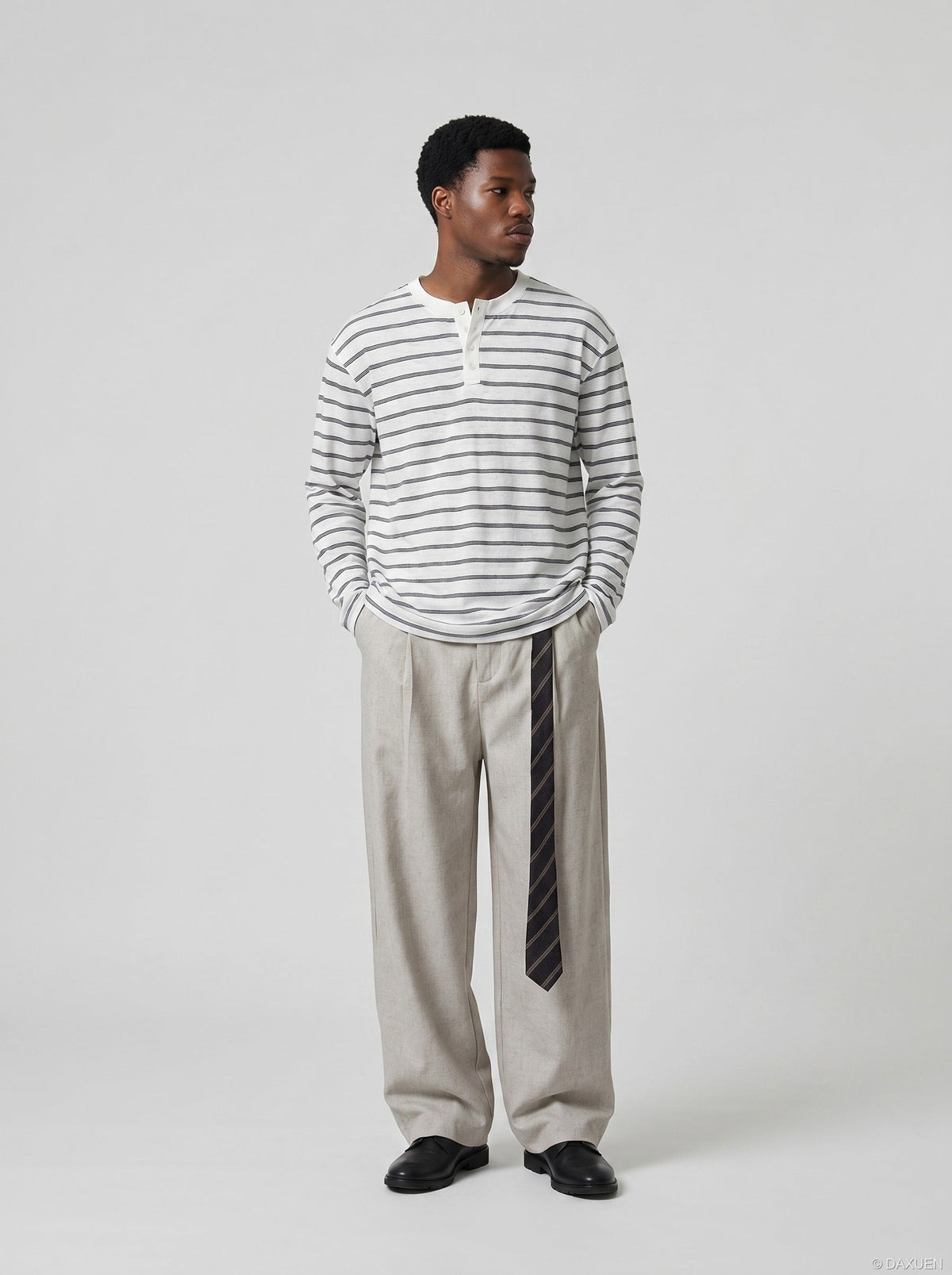 Tom Hollinger | Herren Henley Shirt Gestreift Mit Relaxed Fit Weiß