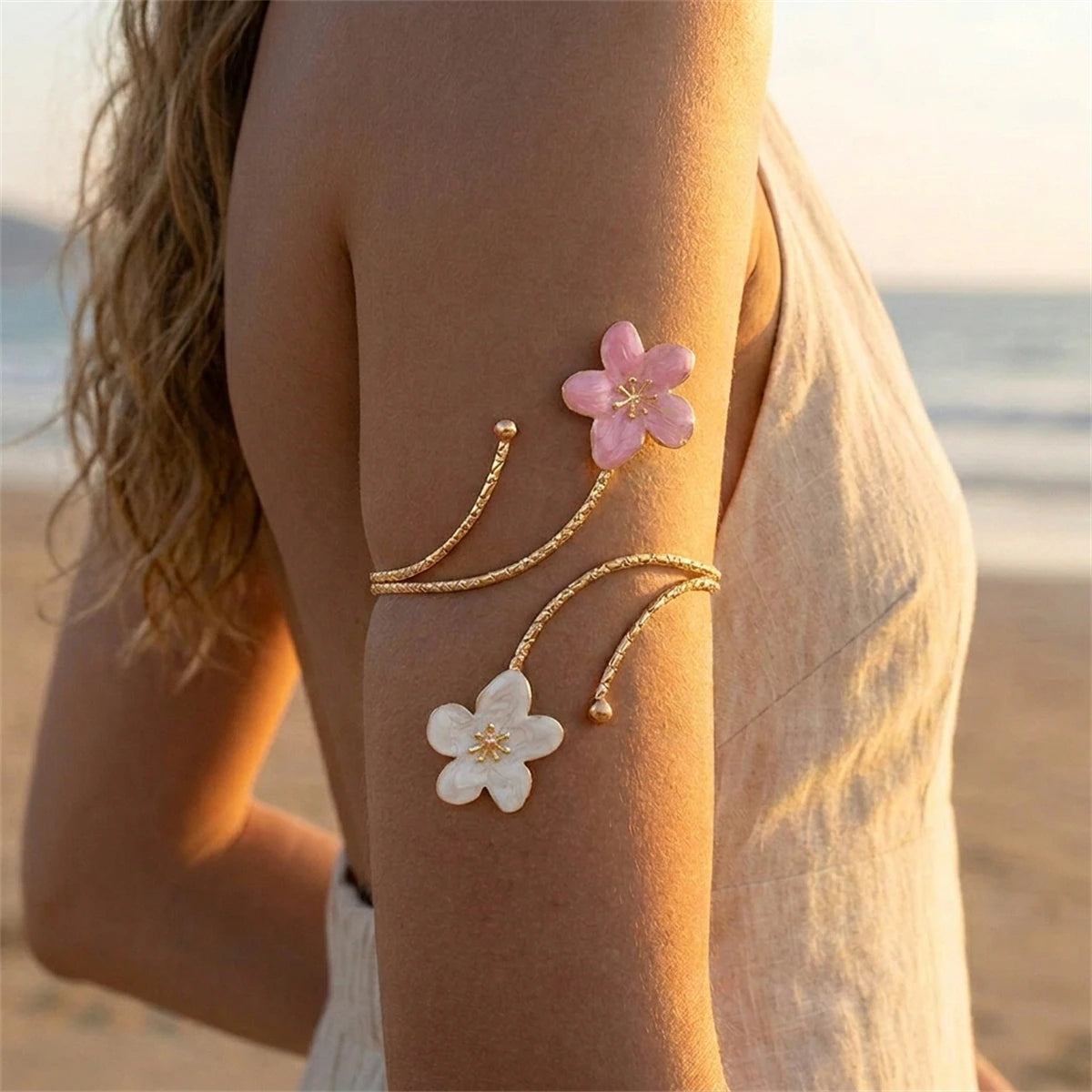 Edgy Statement Metal Flower Arm Cuff Bangle