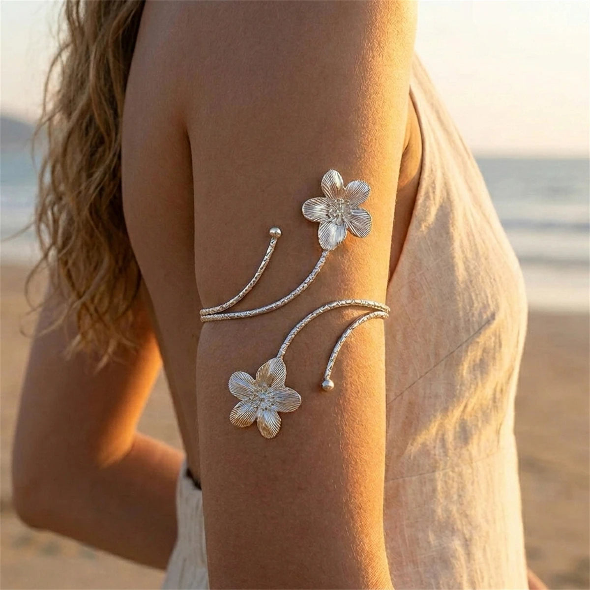Edgy Statement Metal Flower Arm Cuff Bangle