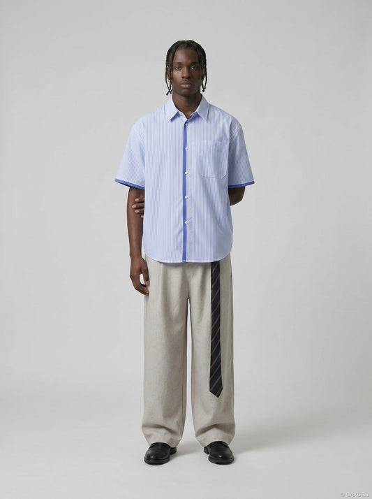Herren Gestreiftes Kurzarmhemd Mit Relaxed Fit Blau