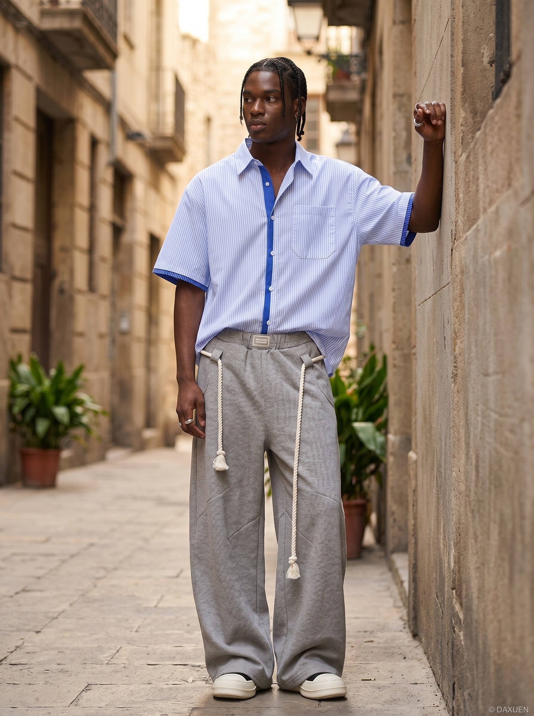 Herren Gestreiftes Kurzarmhemd Mit Relaxed Fit Blau
