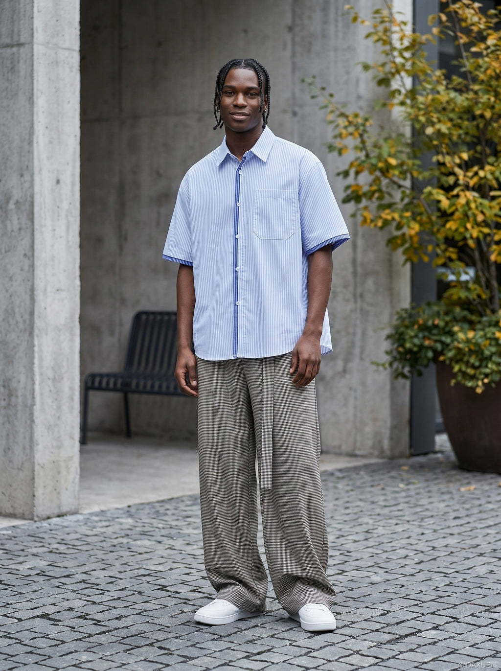 Herren Gestreiftes Kurzarmhemd Mit Relaxed Fit Blau