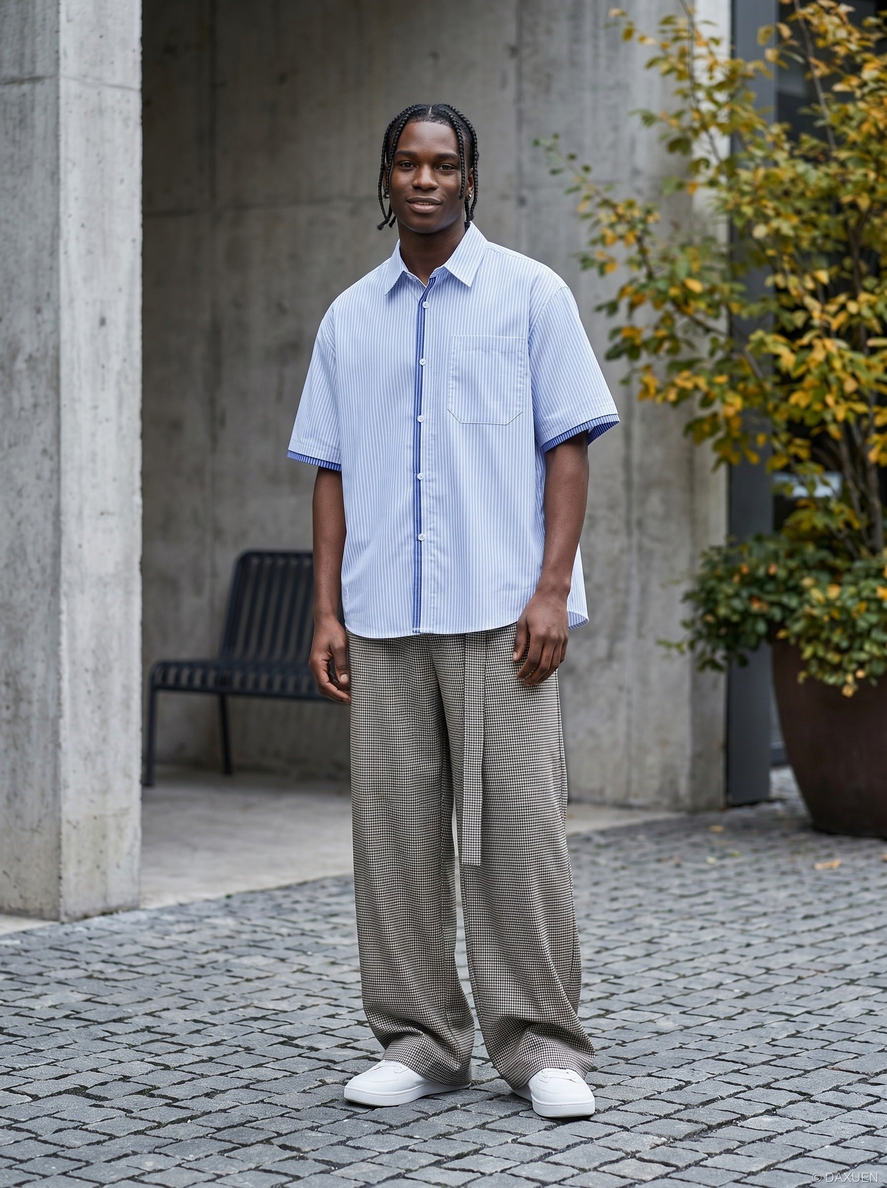 Herren Gestreiftes Kurzarmhemd Mit Relaxed Fit Blau