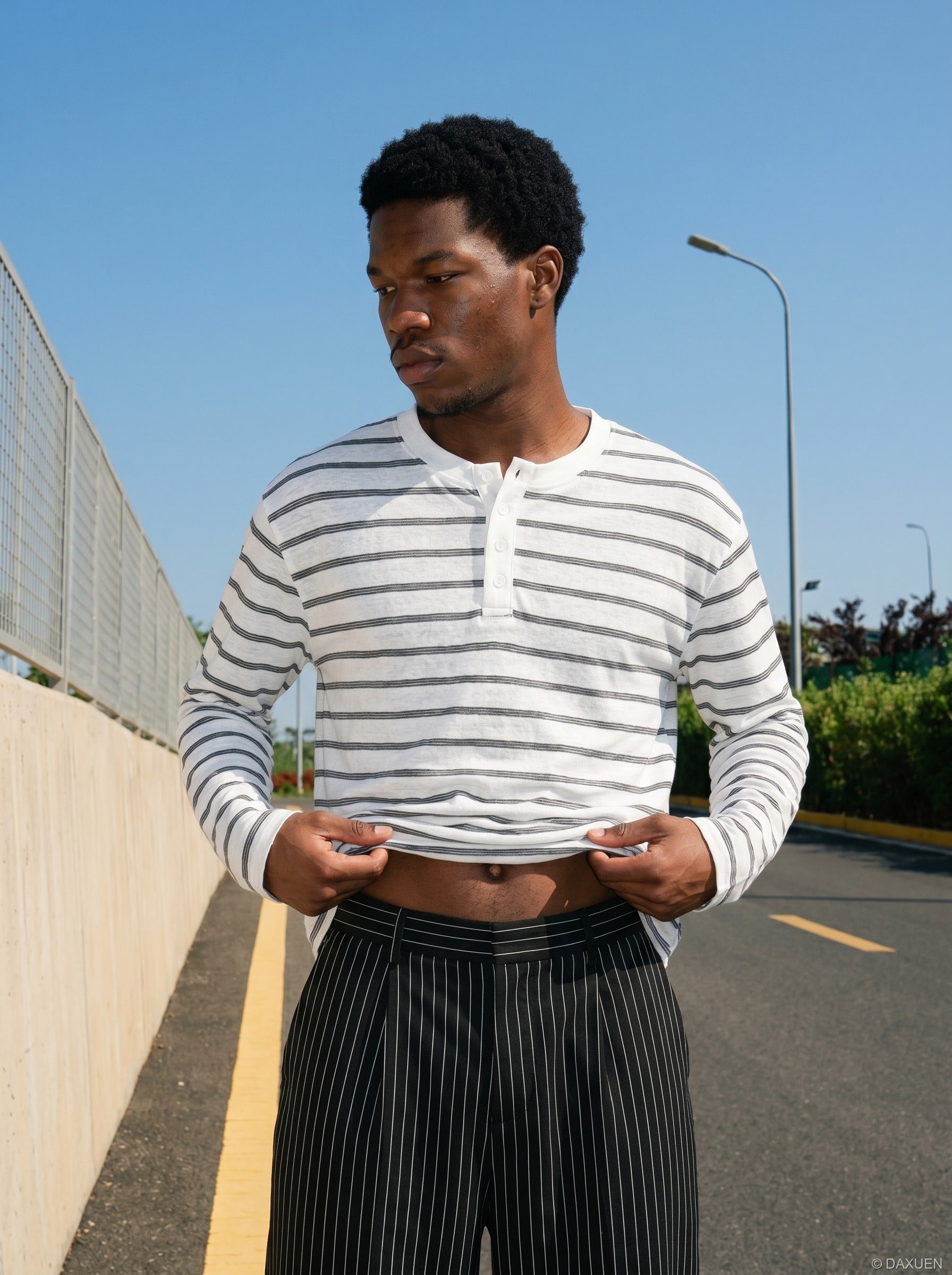 Tom Hollinger | Herren Henley Shirt Gestreift Mit Relaxed Fit Weiß
