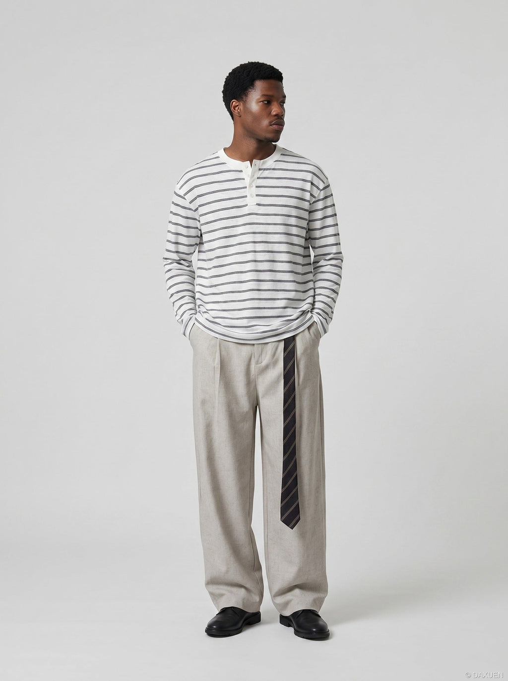 Tom Hollinger | Herren Henley Shirt Gestreift Mit Relaxed Fit Weiß