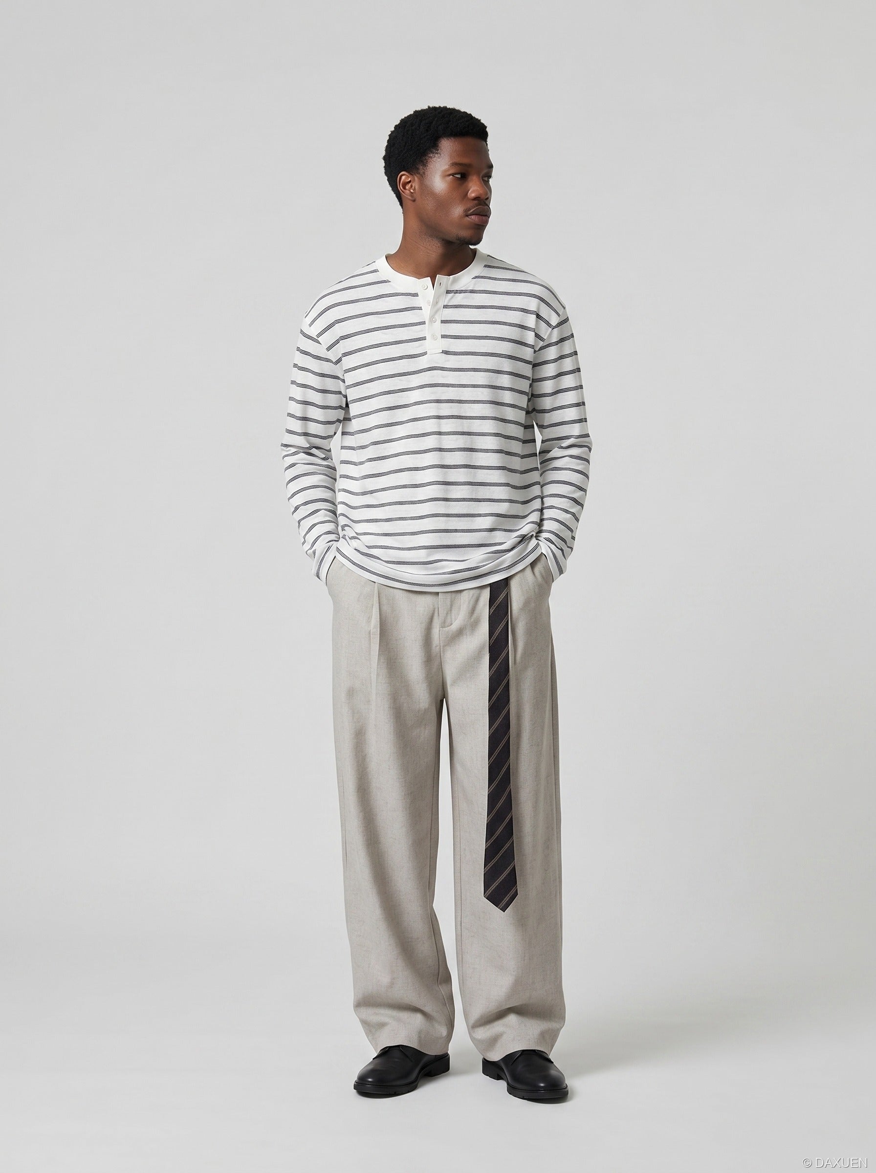 Tom Hollinger | Herren Henley Shirt Gestreift Mit Relaxed Fit Weiß
