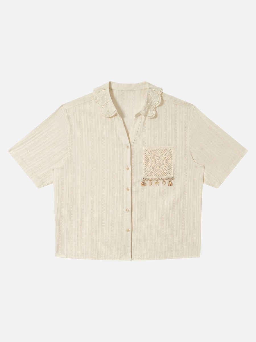 Damen Kurzarmhemd Mit Stickerei Und Muscheldetails Creme