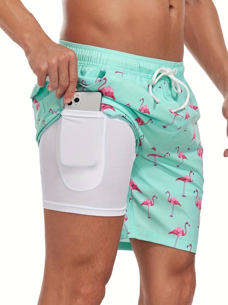 Herren Badeshorts Mit Flamingo-Print