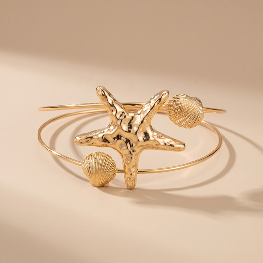 Bohemian Gold Color Starfish Arm Cuff, studio product photo