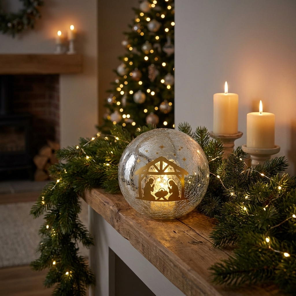 Illuminated crackle glass sphere glowing on a fireplace mantel at dusk