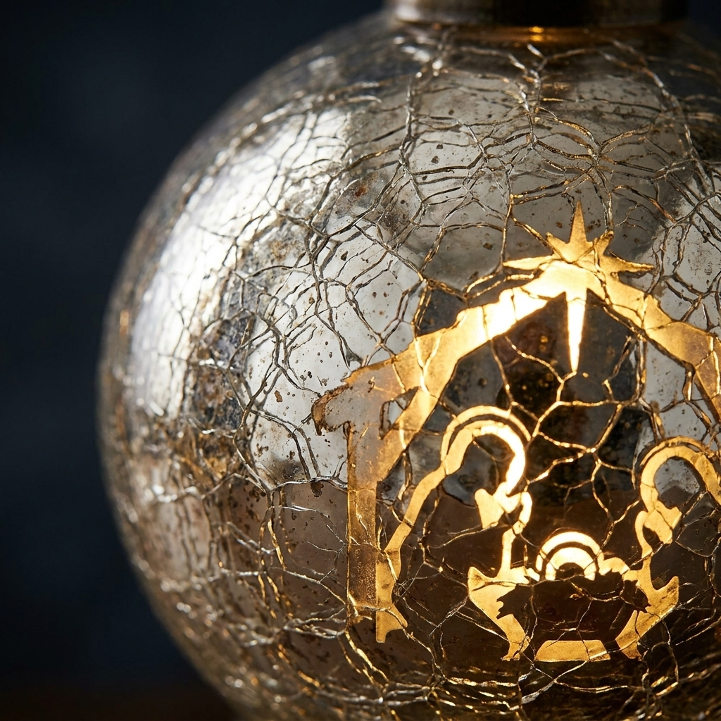 Close-up of hand-blown crackle glass texture with glowing golden nativity
