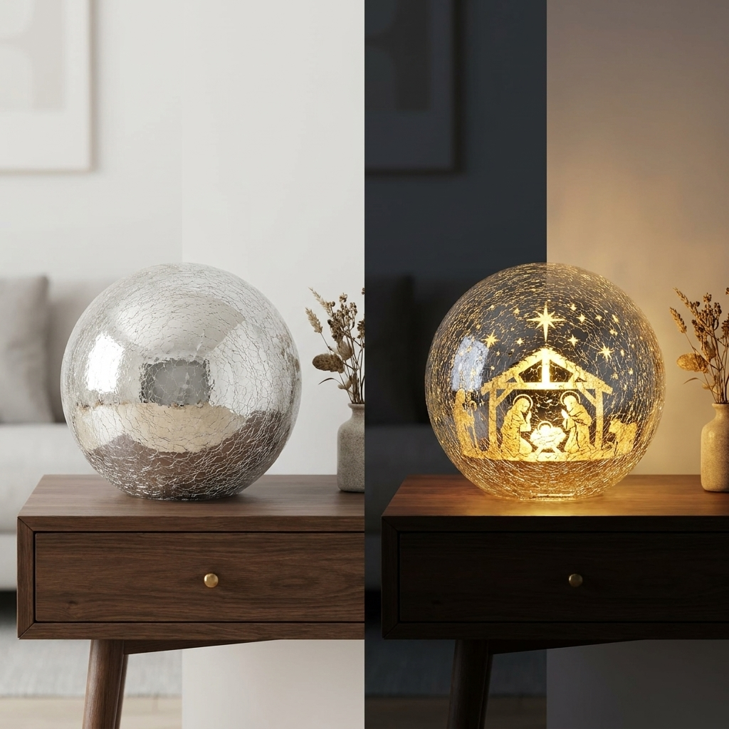 Day and night comparison - hidden nativity scene revealed when illuminated